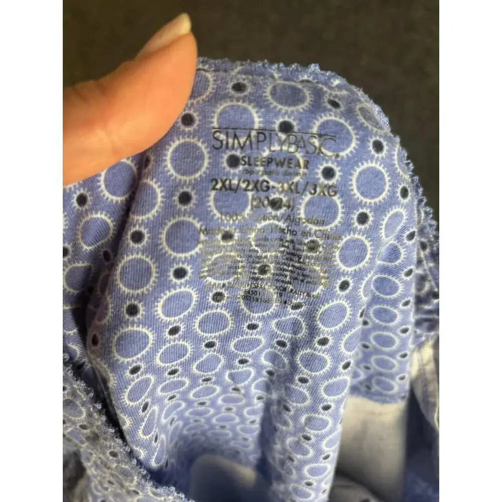 Simply Basic Sleepshirt Women 2XL-3XL Blue Geometric V-Neck Button Cotton Sleep